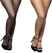 [Finrray] 2Pairs Fishnet Stockings Rhinestone High Waist Tights Pantyhose Sparkle Glitter Crystal Small Mesh Stockings(Black & Beige), Large, Black, Beige, Large