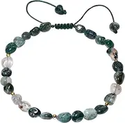 [Lightock] Spiritual Irregular Tumbled Crystals and Stones Beaded Anklet Wealth Love Ankle Bracelets for Women Adjustable Beach Foot Jewelry (Moss Agate)