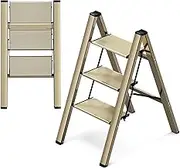 GameGem 3 Step Ladder, Aluminum Folding Step Stool with Anti-Slip Sturdy and Wide Pedal, Lightweight Portable Stepladder for Home and Kitchen Use Space Saving, 330 lbs, Champagne Gold