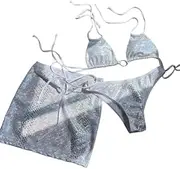 [Generic] Women's Snakeskin Print Metallic Bikini Sexy Halter Backless Swimsuit Festival Outfit with Drawstring Mini Skirt