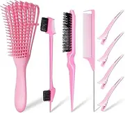 8Pcs Hair Brush Set,Hair Brush with Hair Styling Comb Set, Detangling Hair Brushes for Women Men Kids Curly Hair,with 4 Duckbill Clips (Pink)