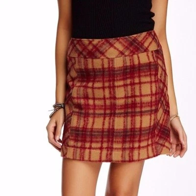 Free People OB424599 Red/Camel Combo Zip it Plaid Mini Skirt - MSRP $88