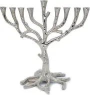 10" Tree of Life Menorah Rustic Gold Finish for Hanukkah, Rustic Nickel Finish