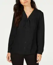 $79.00 Anne Klein Women's 8 Black Pleated Bow-Neck Button-Front Blouse Top, NWT
