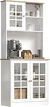 HOMCOM Kitchen Pantry Storage Cabinet, 72" Freestanding Cabinet with Hutch, Large Countertop, Glass Doors and Adjustable Shelves for Dining Room, White