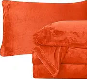 Elegant Comfort Luxuriously Soft 4-Piece Velvet Plush Flannel Sheet Set - Premium Quality - Cozy Warm, Anti-Static, Non Pilling Fuzzy Velvet Flannel Fleece Deep Pocket Sheet Set - Queen, Orange