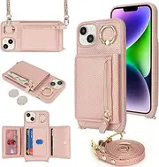 Cavor Crossbody Wallet for iPhone 14 Plus Leather Case for iPhone 15 Plus Case 6.7'' Flip Cover Card Slots with 360°Rotation Ring Holder Kickstand & Long Shoulder Lanyard Strap-Rose