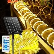 Larger Tube Solar Rope Lights 200LEDs Waterproof,Rechargeable Battery,Dual Charging,34FT Outdoor String Light,Remote-Control,for Pathway Patio Garden Palm Tree Christmas (Brighter - Warm White)