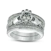 0.25 CT. T.W. Natural Diamond Claddagh Antique Vintage-Style Three Piece Bridal Engagement Ring Set in Sterling Silver