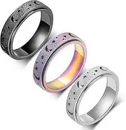 [AmorArtSky] Anxiety Ring for Women Men, Titanium Stainless Steel Spinner Ring, 5 Colors, 6MM, Size 6-10, 3 Styles Anxiety Ring-Moon Star, Sandblasted Finished, Hollow Outer