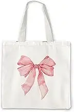 OTOUO Coquette Pink Bow Preppy Canvas Tote Bag, Girly Gifts for Girls, Aesthetic Girly Tote Bags for Women, Cute Pink Ribbon Bow Reusable Grocery Shopping Bags