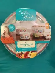 Pioneer Woman Mazie 6-Piece Round Ceramic Nesting Bowls Lids Bird Country
