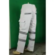 PANTS MENS white COTTON DRILL HEAVY DUTY WORK PANT REFLECTIVE TAPE nightworker
