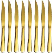 Gold Steak Knife Set, Kyrtaon Golden Serrated Knife, Titanium Gold Plating Stainless Steel Sharp Knives Set, Dinner Knifes Set of 8, Dishwasher Safe Sturdy And Easy To Clean