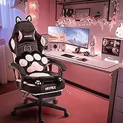 Pink Gaming Chair Cute with Cat Ears Paw Lumbar and Cushion,Ergonomic Computer Chair with Footrest,Reclining PC Game Chair for Girl Computer Chair 300lbs for Adult