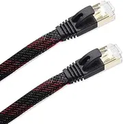 RHCXCYTJ ​RJ 45 Cat 7 Ethernet Cable,Nylon Black and Red Braided High Speed Heavy Duty Cat7 Network LAN Patch Cord,Flat 10FT Shielded Ethernet Cord,Gold-Plated Connectors,High Speed 10Gbps 600MHz