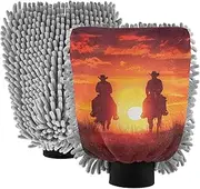 XYMZR Group Cowboys Riding Horses Absorbent Microfiber Car Wash Mitt, Funny Cute Anime Scratch Free for Cars Cleaning, Home Cleaning Mitts, 2 Pack, 10.24” L x 7.09” W