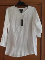 TAHARI Top 100% Linen Blouse Tunic Shirt Button Front Roll Tab Sleeve White NEW