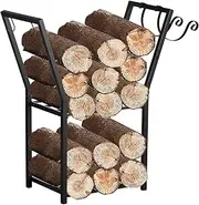 Firewood Rack for Indoor and Outdoor,2 Tier Fireplace Log Firewood Holder with Kindling Wood Hook,Heavy Duty Indoor Fire Wood Storage Stand (29 * 24 * 11.8 Inch, Black)