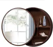 Round Bathroom Mirror Cabinet Bedroom Round Mirror with Storage Shelf Wall-Mounted Round Wooden Makeup Mirror