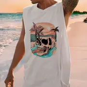 Skull and Beach Print Singlet Men's Tank Top