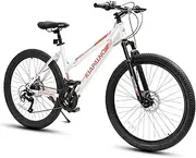 [Ecarpat] 24 26 Inch Mountain Bike, Front Suspension 21 Speeds Disc/V Brake Men Women Bicycle, Carbon Steel Mountain Bike, Adult Trail Beach Snow Commuter City Bikes