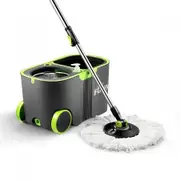 Wheeled Bucket + Handle Length Adjustable Spin Mop W/4Pcs Super Absorbent Swivel Mop Head