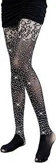 [Oxtxuzdm] Rhinestones Fishnet Pantyhose with Hollowed Out Floral Pattern Designs for Women Sparkling Mesh Tights Stockings Hosiery