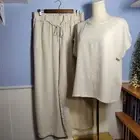 Verve Closet Light Tan Khaki Linen Blend Wide Leg Pant Short Sleeve Tee 2 Piece