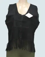 Kroshetta by Papillon Crochet Suede Leather Vest Jacket Sleeveless Black Size L