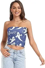 [RPLIFE] Whimsical Ghosts Deep Blue Summer Tops, Strapless Tube Top, Mesh Tube Tops, Trendy Crop Tops (S)