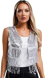 [Rswnyirn] Womens Sequins Sleeveless Vest Jacket Tassel Choir Jazz Dance Stage Performance Costume