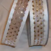 5 Yds. GOLD GLITTER DOTS IVORY SATIN WIRE EDGE RIBBON 1 1/2" W.