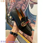 二手 GUCCI 423559 PEYTON 皮革 珍珠 復古 高跟鞋 低跟鞋 黑色/白色 尺寸齊全