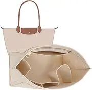DOIAPUOS Purse Organizer Insert Compatible with Longchamp Le Pliage L and More Felt Zipper Organizer Insert with Cup Holder Tote Organize (Beige, Large)