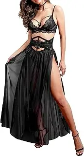 [LOVE YOU SEXY] Women Lace Lingerie Set,Lace Bra and Girdle with Long Sheer Mesh Dress Nightgown with G-String 4 Piece Lingerie Set