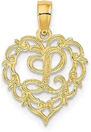 [JewelryWeb] 14ct Gold L Script Letter Name Personalized Monogram Initial In Love Heart Pendant Necklace 17.3x12.57mm Wide 0.6mm Thick