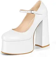 [Perisis] Women's Dressy Platform Chunky High Heels Patent Leather Ankle Strap Closed Toe Heeled Mary Jane Pumps Shoes