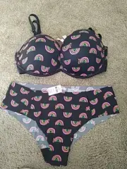 VICTORIAS SECRET PINK SUPER PUSH UP BRA NEON RAINBOW LOGO 34 DD BRA SET