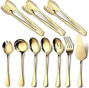Gold Serving Utensils, OGORI 10-Piece Polished Stainless Steel Gold Serving Utensils Set Include Serving Spoons, Slotted Serving Spoon, Serving Tongs, Serving Fork, Salad Fork, Soup Ladle, Pie Server