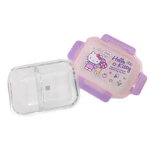 小禮堂 Hello Kitty 耐熱玻璃保鮮盒附便當袋 580ml (粉紫甜點款)