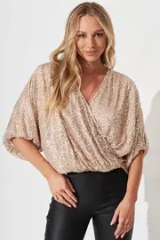 Women's Party Celebration Sequin Mock Wrap Top 3/4 Sleeve in Rose Gold 8