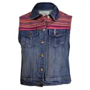 Women's Denim Brave Soul Gilet Distressed With Ethnic Patch UK 14 - New With Tag