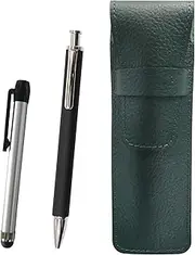 SASMG-ALST-HS301B Grain Leather Pen Case Moss Green Metal Touch Stick Silver and Extruded Rubber Shaft Brass Knock Ballpoint Pen Set Black