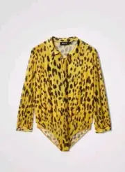 Desigual Yellow Leopard Print Shirt Bodysuit Black Small Tie Neck X-Large