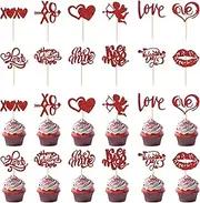 24pcs Valentine's Day Cupcake Toppers, Love Heart Rose Happy Valentines Day Cupcake Topper Glitter Valentine's Day Cake Decorations for Wedding Valentine's Day (Red)