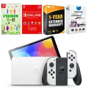 Nintendo Switch White OLED + Pikmin 1 + 2 Game + NSO 1 Year Family Membership