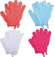 4 Pair Exfoliating Gloves, Polyester Exfoliator Mitt, Body Exfoliating Wash Glove Dead Skin Remover Shower Body Scrub Gloves for Adults and Kids, Ingrown(Blue, White, Pink, Orange）