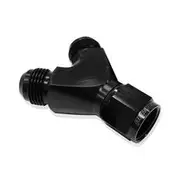 Aeroflow Y-Block with Female Swivel -10AN Inlet to 2 x -8AN Outlets, AF931-10-08BLK