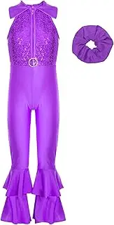 [Riismen] Kids Girls Shiny Sequins Sleeveless Unitard Bell-Bottom Jumpsuit with Headwear Disco Dance Costume